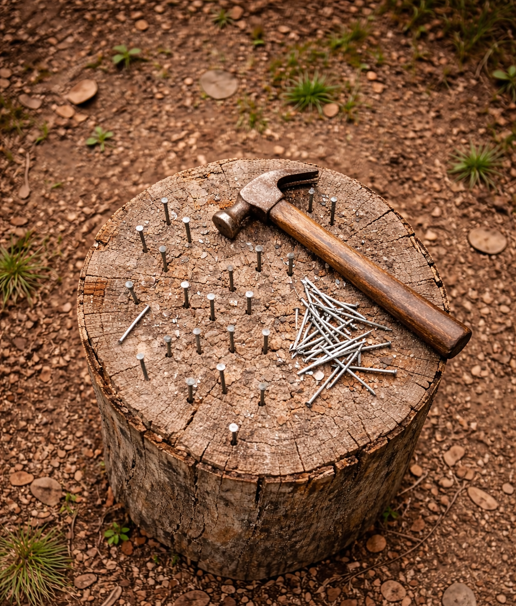 Holzstamm mit Nägeln und Hammer für die Handwerker-Olympiade